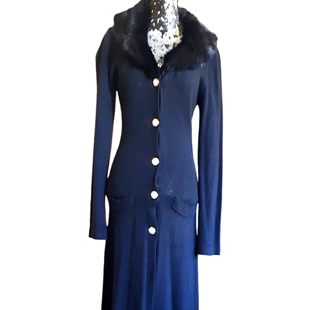 Vintage wool angora  blend duster cardigan with fur collar